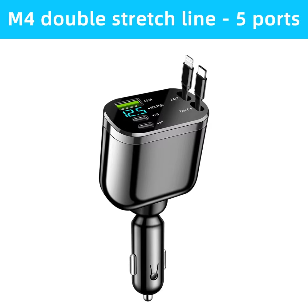 Retractable Car Charger 5 in 1 Fast Charging Car Charger 150W 2 PD+1USB Ports Car Charger Adapter Compatible