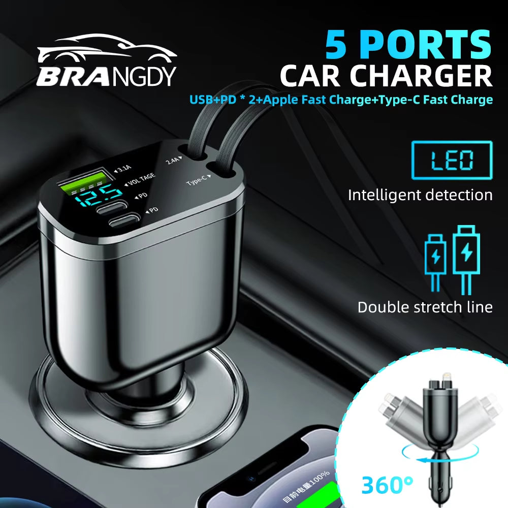 Retractable Car Charger 5 in 1 Fast Charging Car Charger 150W 2 PD+1USB Ports Car Charger Adapter Compatible