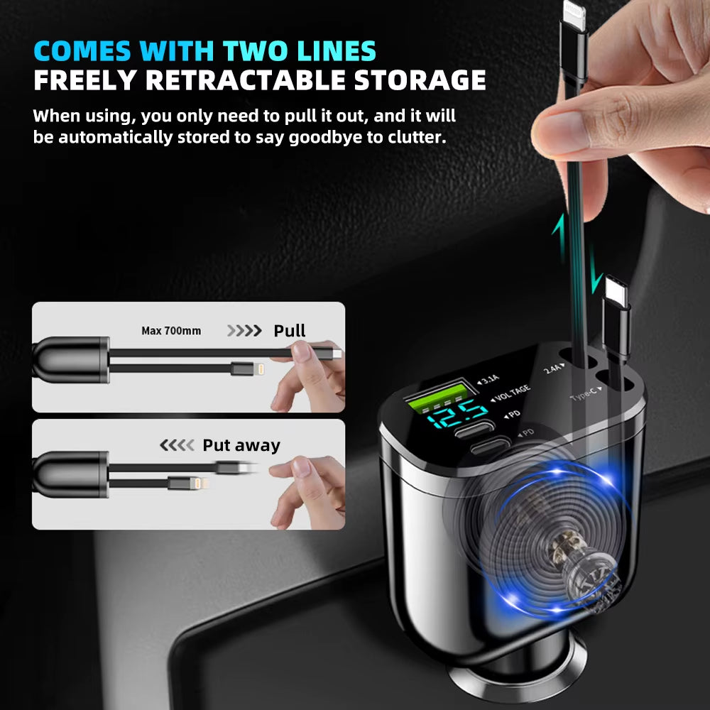 Retractable Car Charger 5 in 1 Fast Charging Car Charger 150W 2 PD+1USB Ports Car Charger Adapter Compatible